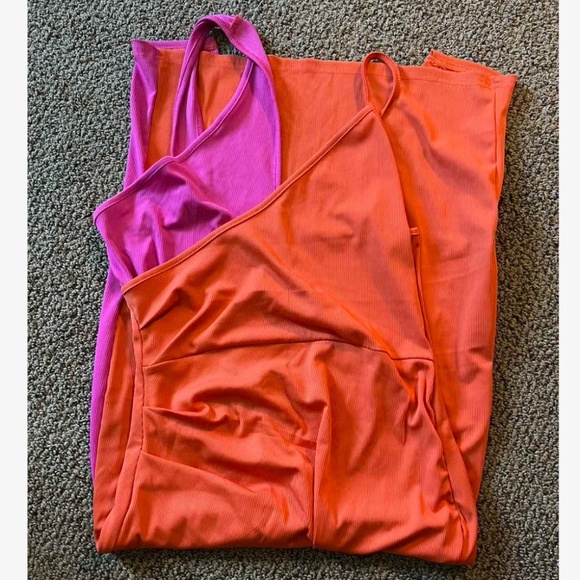 2 Tone Hot Pink Orange One Shoulder Asymmetrical Bodycon Dress Midi Ribbed - Picture 10 of 12